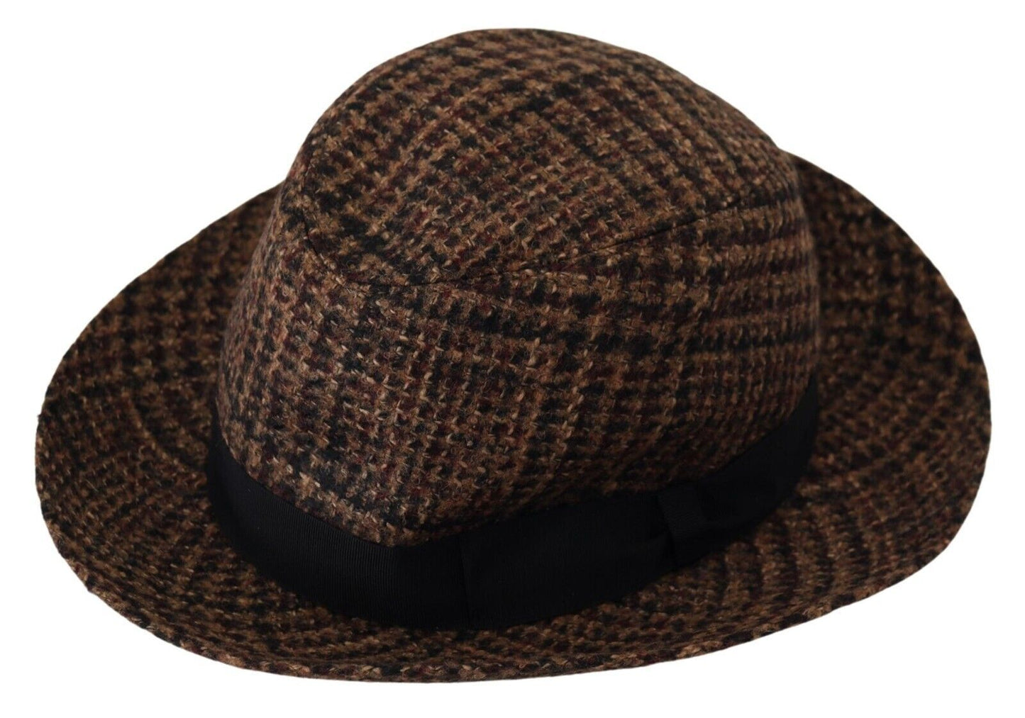 Dolce &amp; Gabbana Brauner Tweed-Woll-Fedora-Trilby-Hut mit Logo