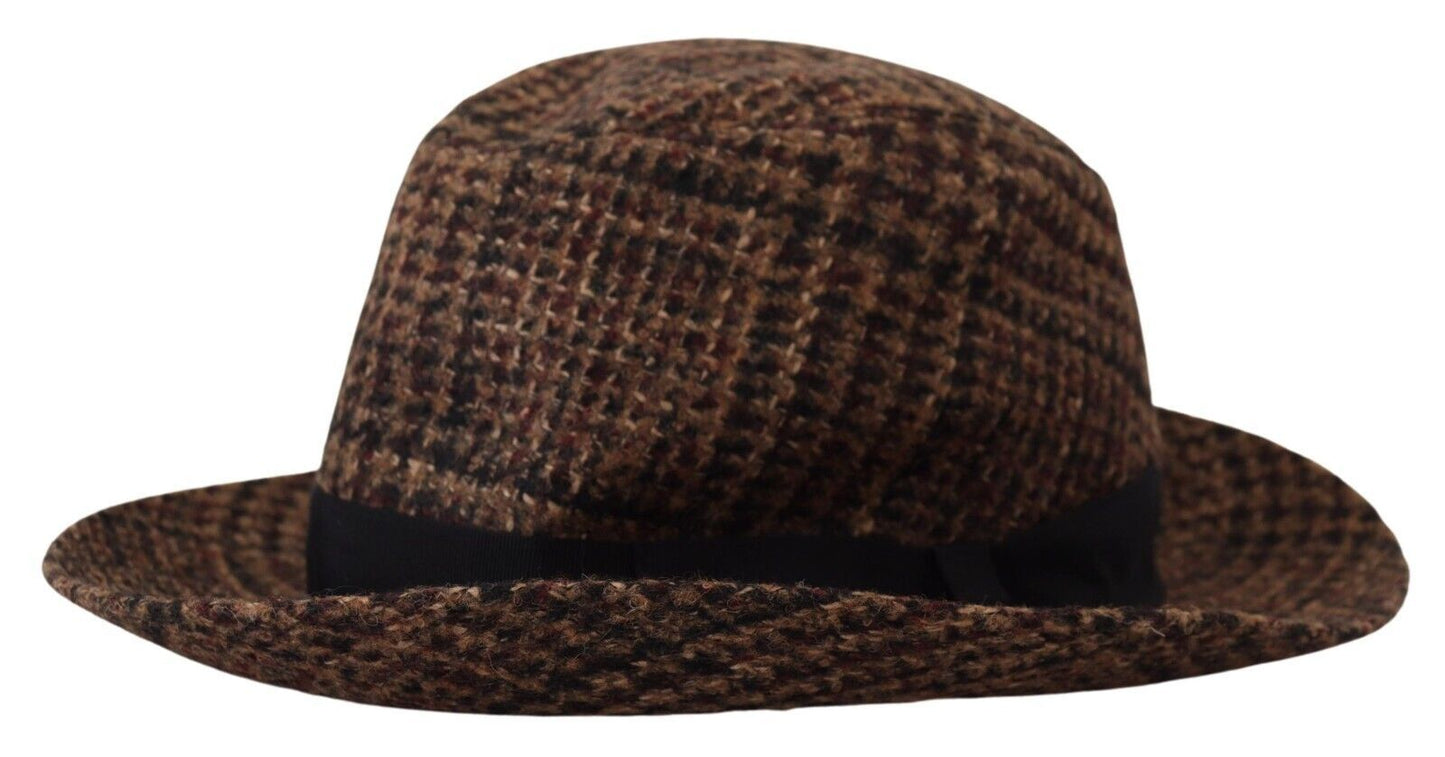 Dolce &amp; Gabbana Brauner Tweed-Woll-Fedora-Trilby-Hut mit Logo