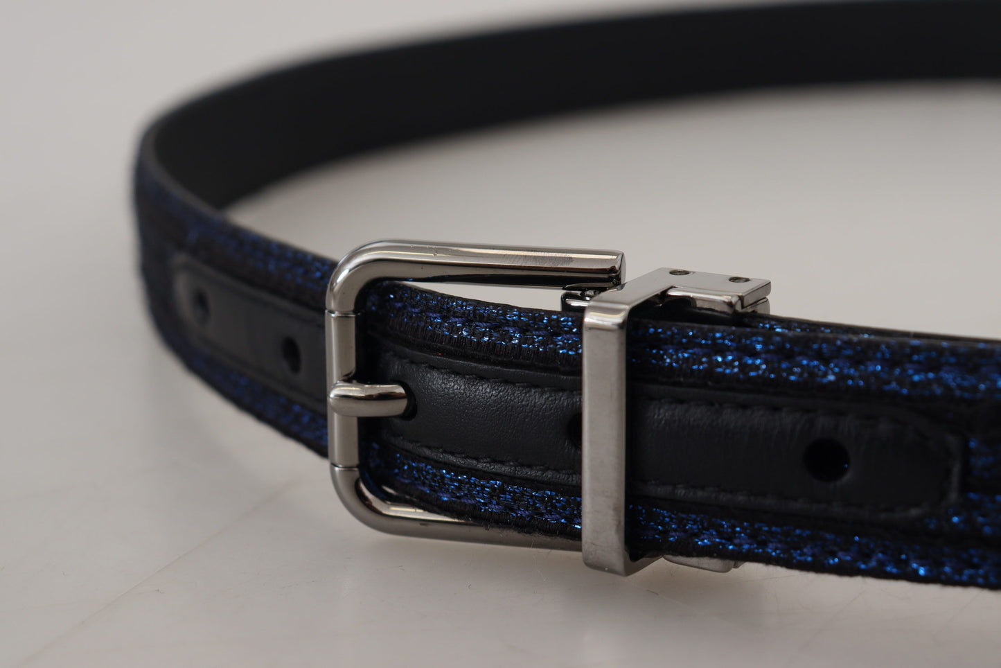 Dolce &amp; Gabbana Ceinture à boucle argentée à rayures jacquard bleues