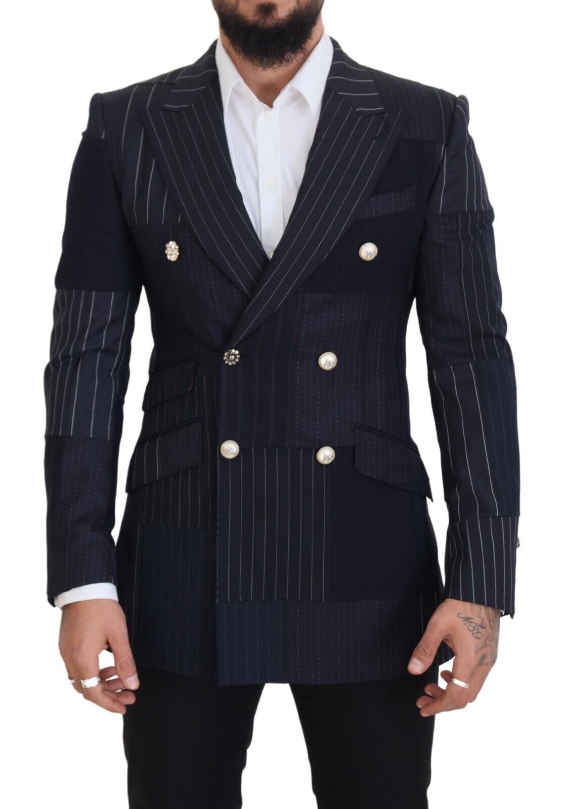 Dolce &amp; Gabbana Blazer croisé en laine bleue patchwork