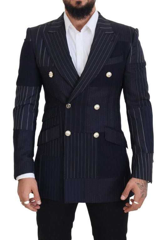 Dolce &amp; Gabbana Blauer zweireihiger Patchwork-Blazer aus Wolle