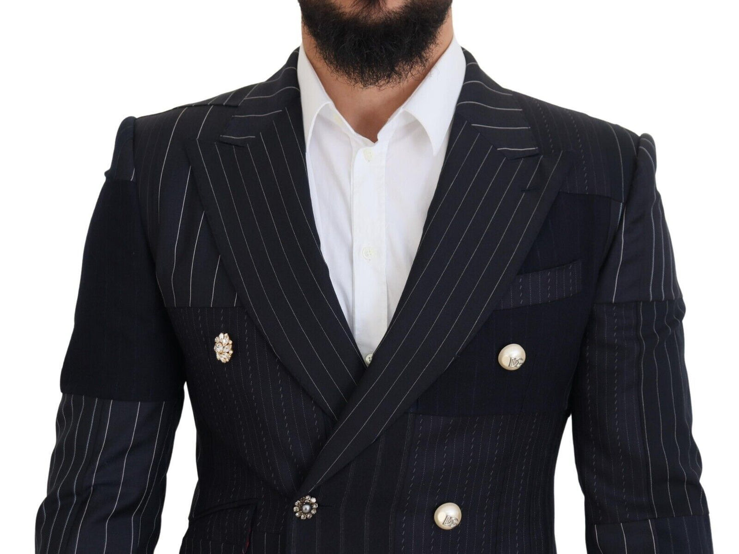 Dolce &amp; Gabbana Blazer croisé en laine bleue patchwork