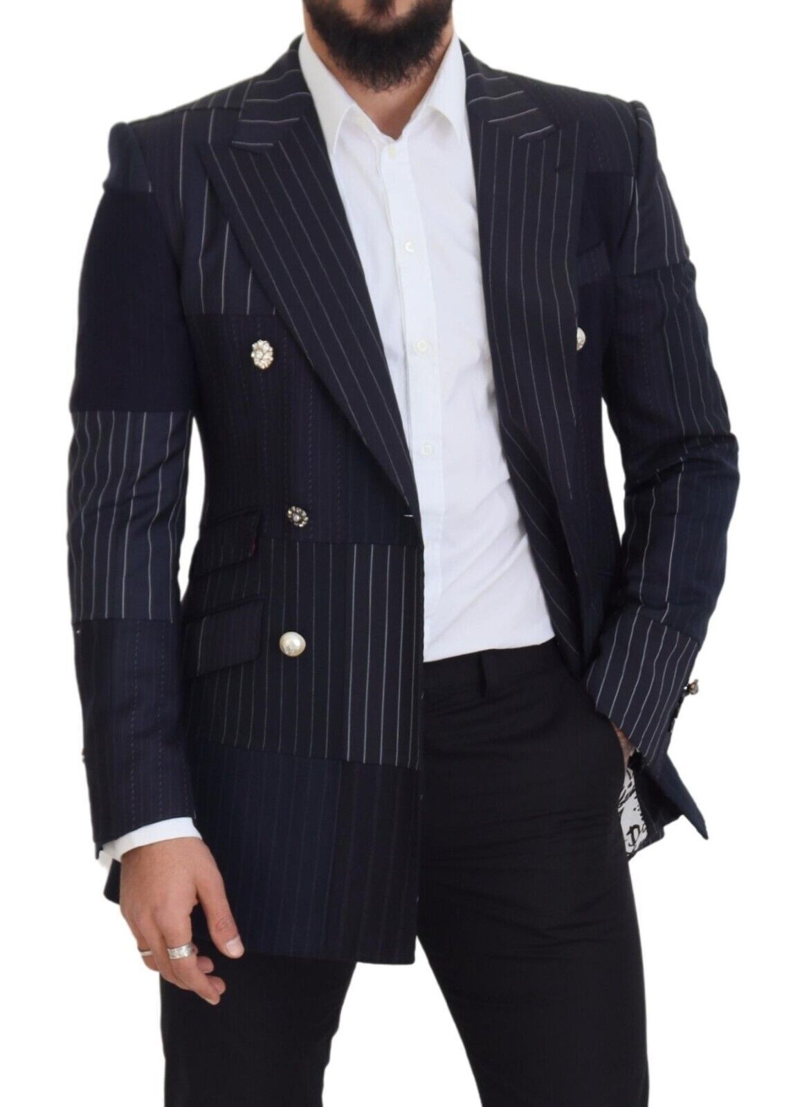 Dolce &amp; Gabbana Blazer croisé en laine bleue patchwork