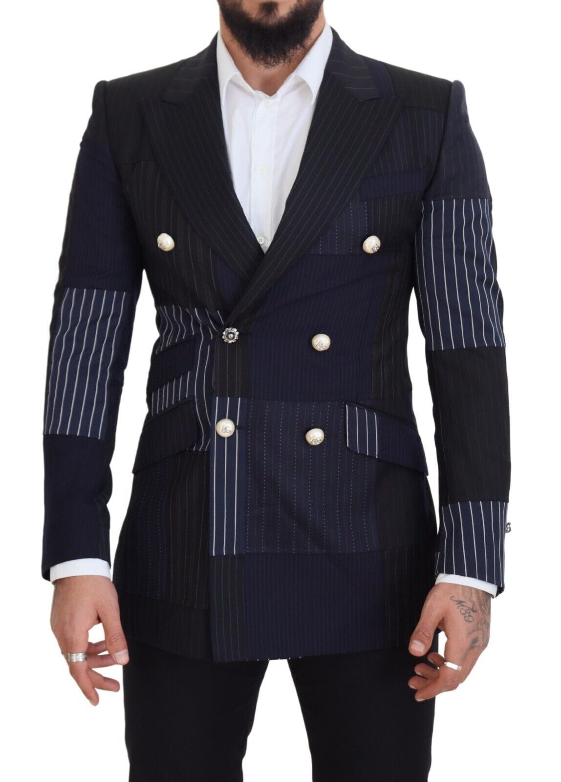 Dolce &amp; Gabbana Blauer zweireihiger Patchwork-Blazer aus Wolle