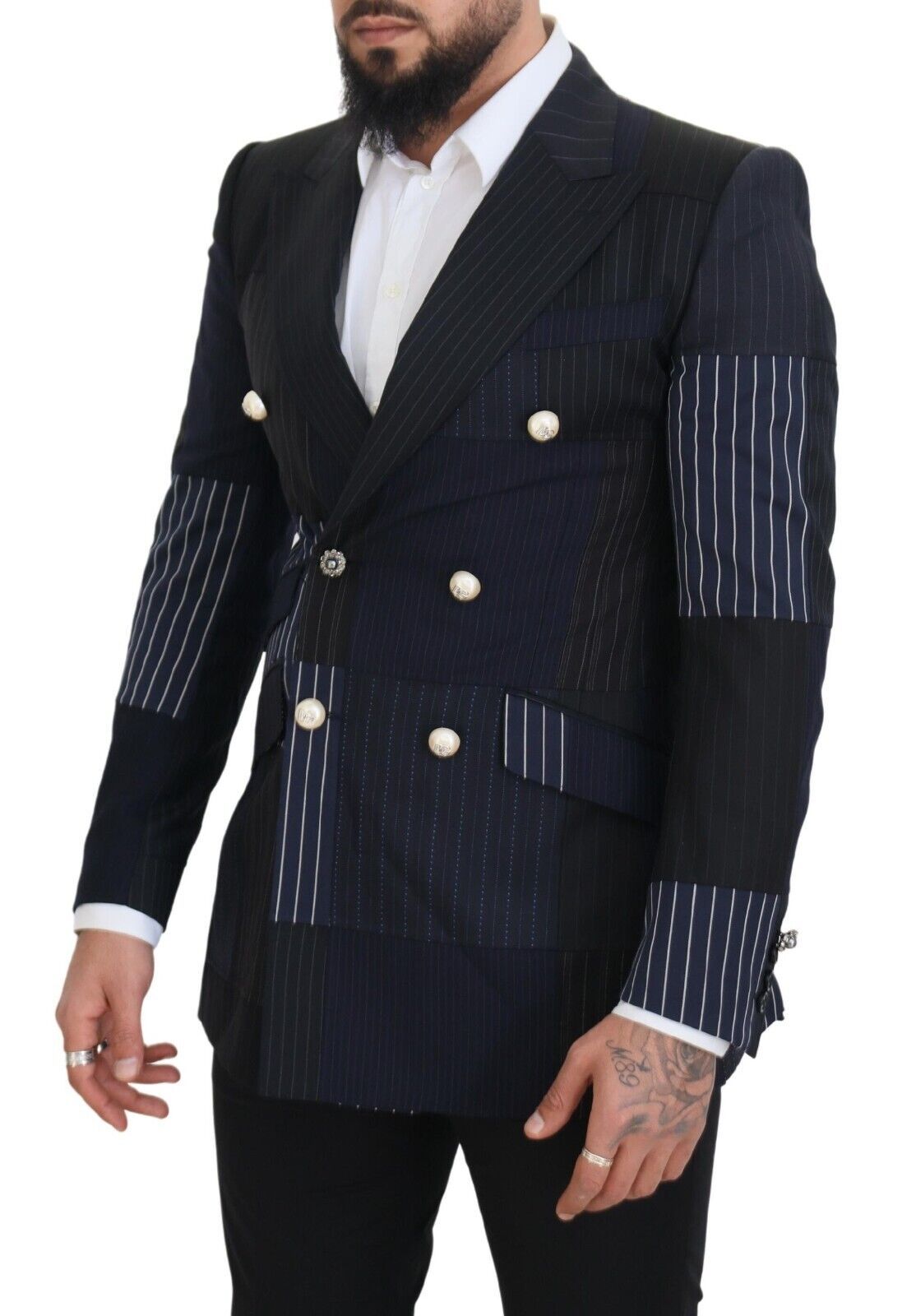 Dolce &amp; Gabbana Blauer zweireihiger Patchwork-Blazer aus Wolle