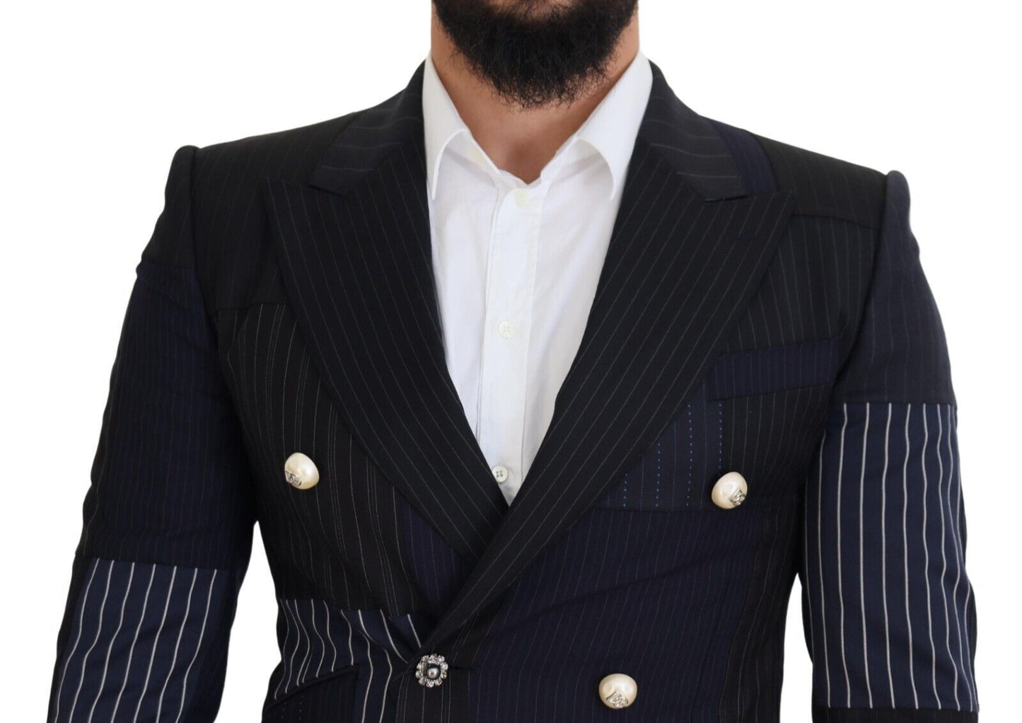 Dolce &amp; Gabbana Blazer croisé en laine bleue patchwork