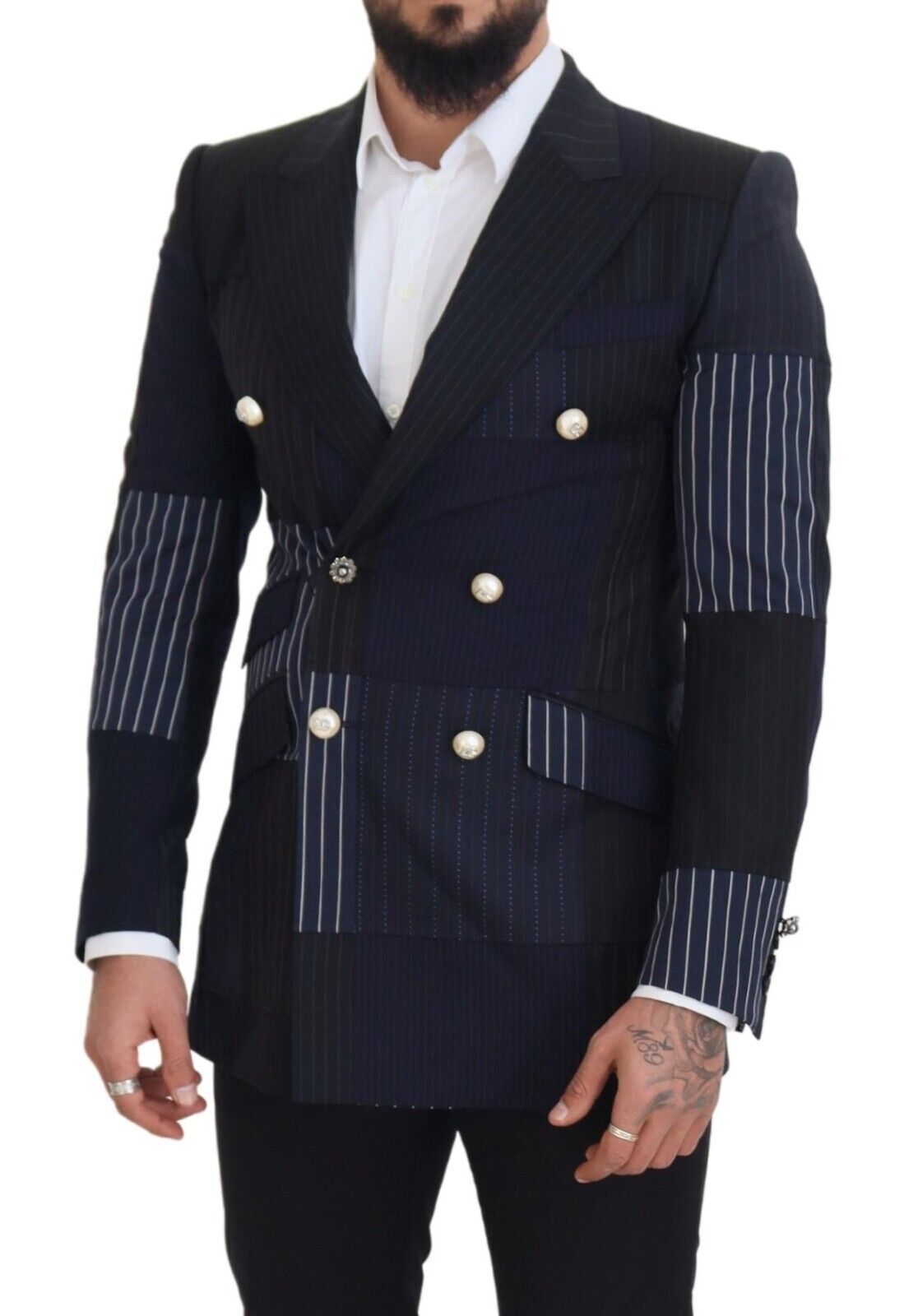 Dolce &amp; Gabbana Blauer zweireihiger Patchwork-Blazer aus Wolle