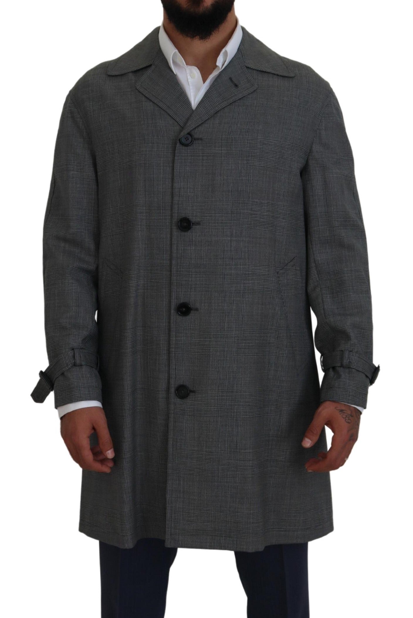 Dolce &amp; Gabbana Veste trench-coat longue à carreaux en laine grise Veste trench-coat