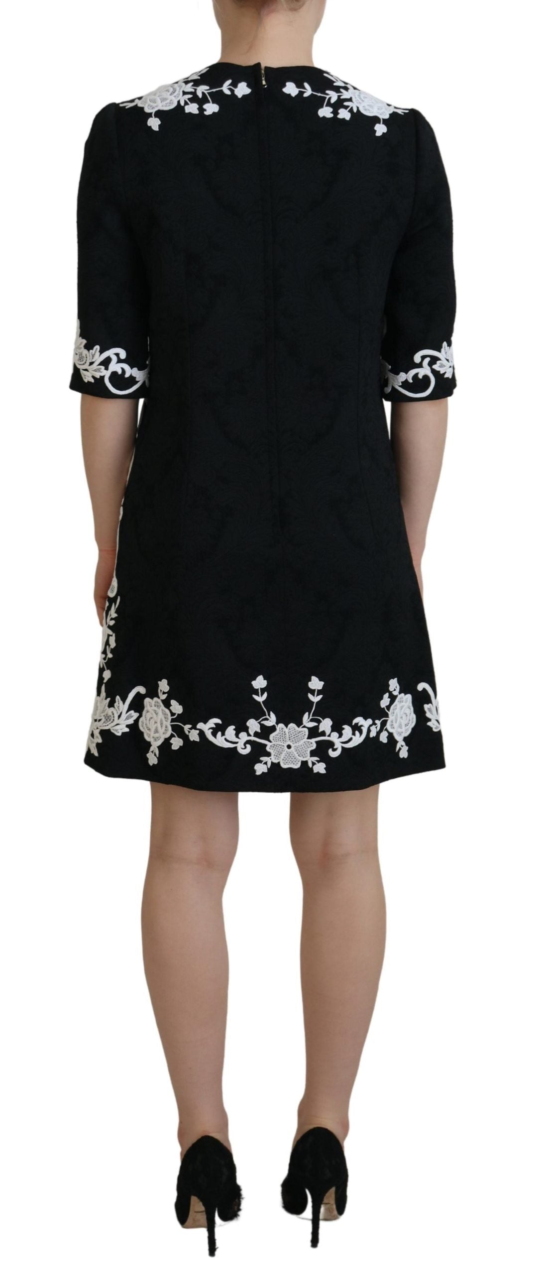 Dolce &amp; Gabbana Robe trapèze noire à manches mi-longues et bordure en dentelle