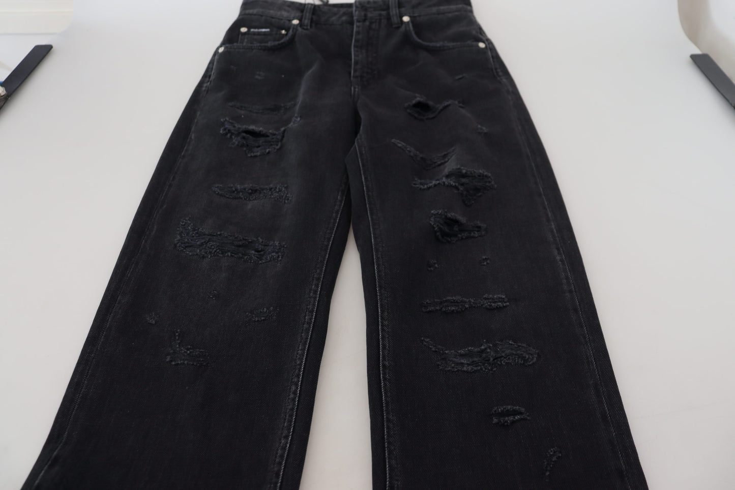 Dolce &amp; Gabbana – Zerfetzte Denim-Jeans aus schwarzer Baumwolle mit hoher Taille