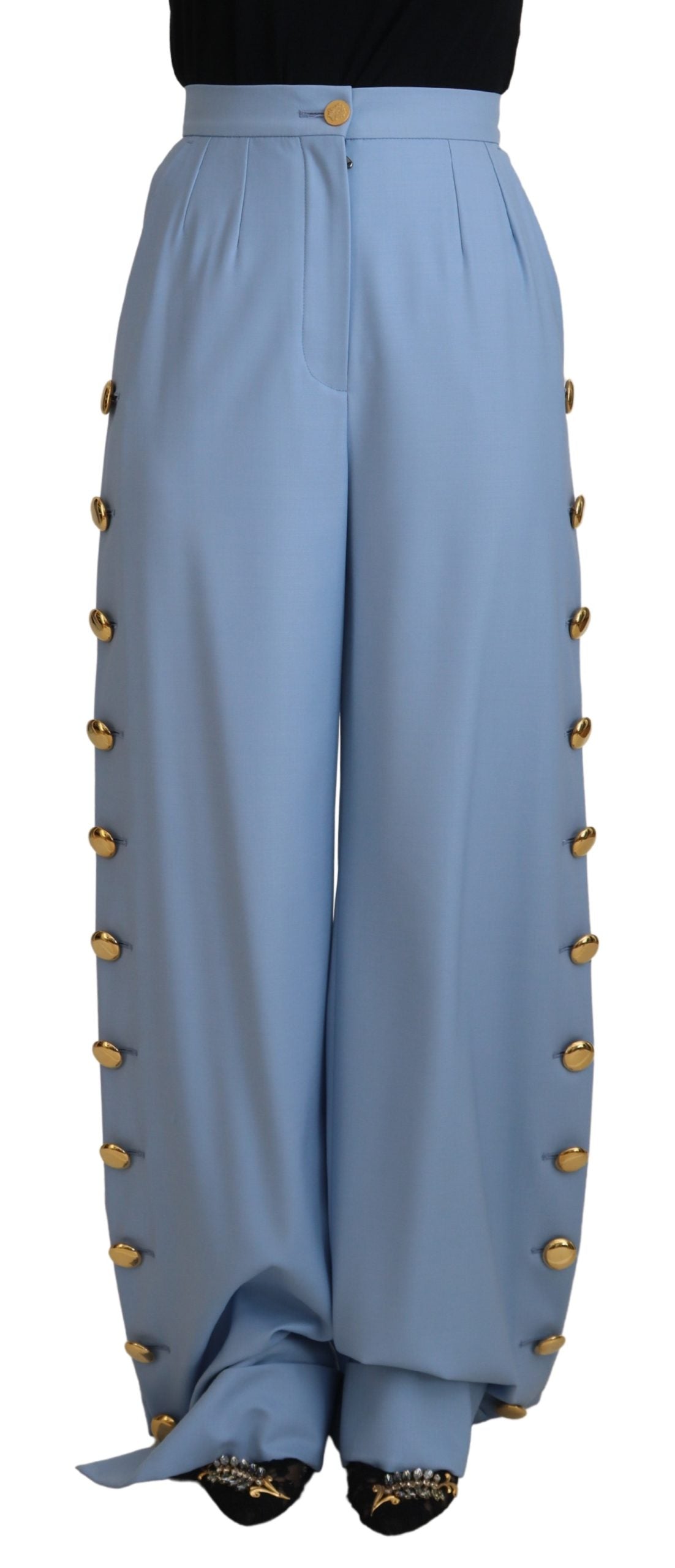 Dolce &amp; Gabbana Hellblaue Hose mit weitem Bein und Knöpfen