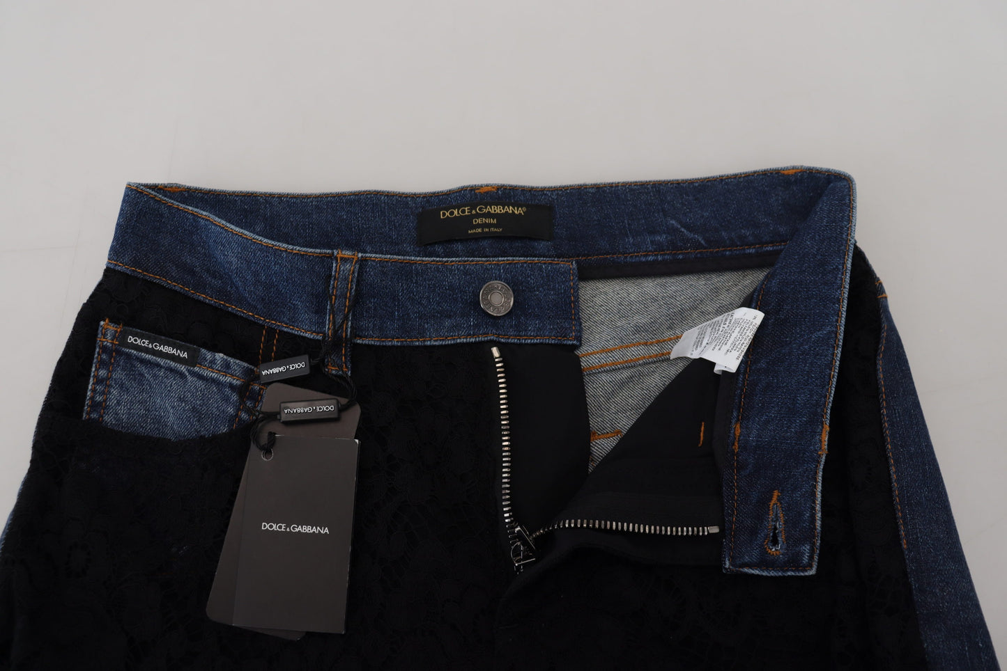 Dolce &amp; Gabbana – Schwarze Skinny-Denim-Jeans mit Blumenmuster und Spitze vorne