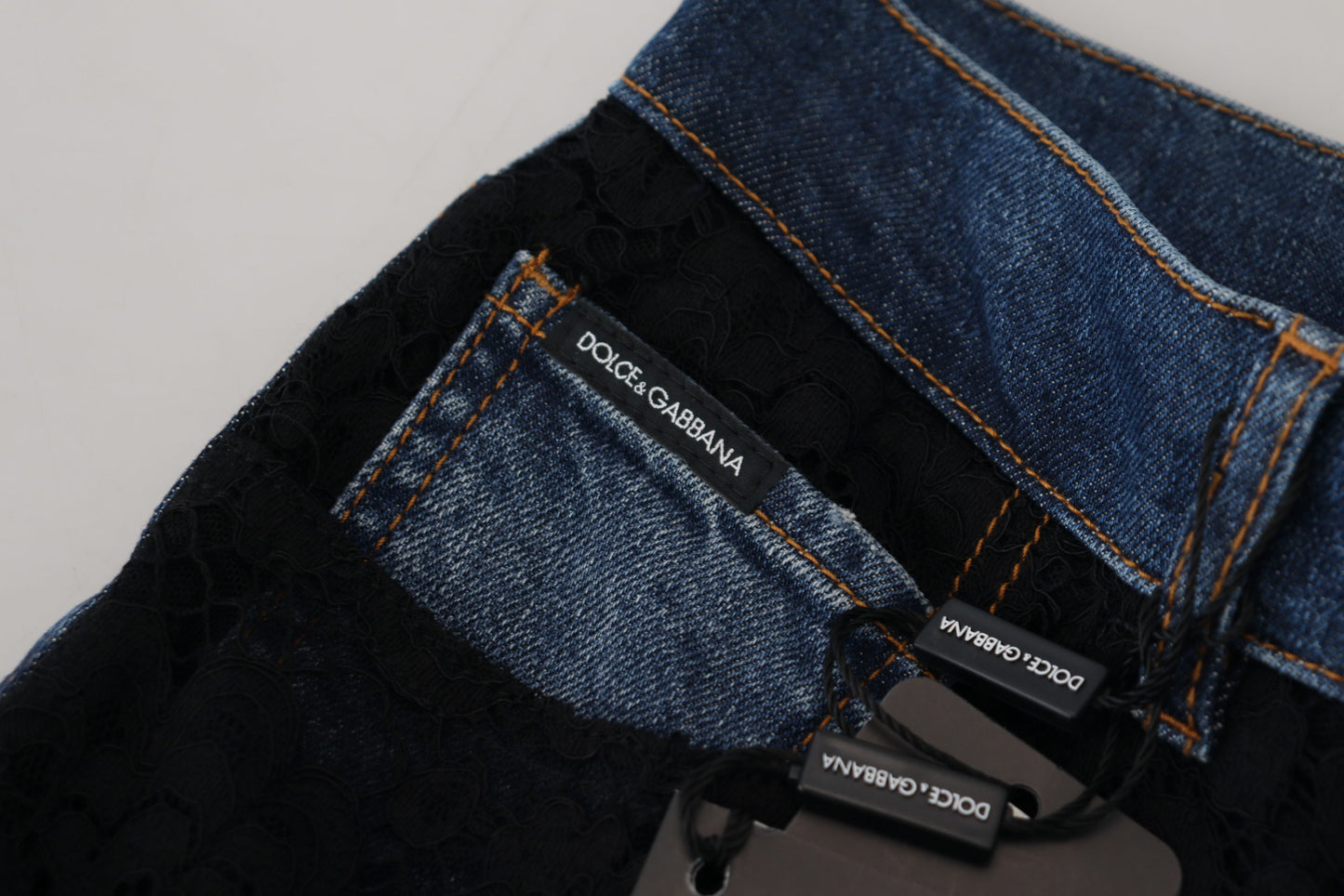 Dolce &amp; Gabbana – Schwarze Skinny-Denim-Jeans mit Blumenmuster und Spitze vorne