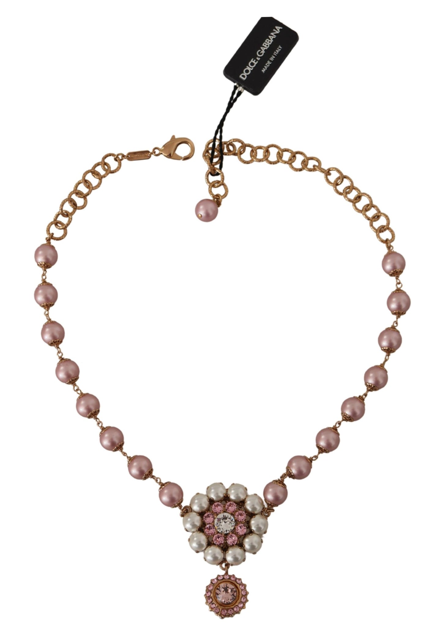 Dolce &amp; Gabbana Collier à pendentifs en fausses perles roses en laiton doré et cristal