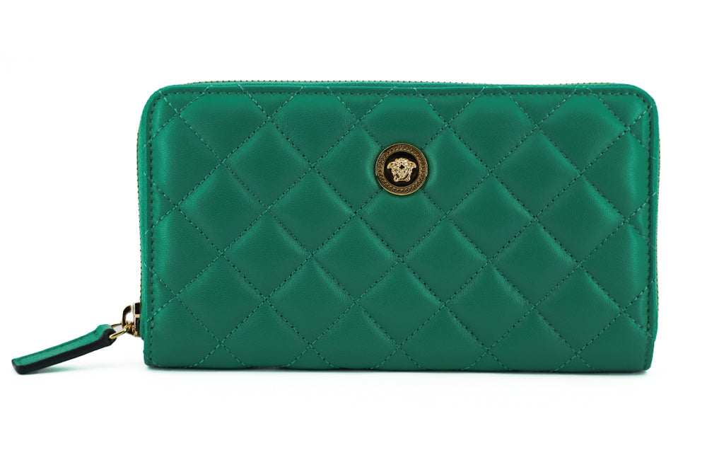 Portefeuille long zippé en cuir vert Versace