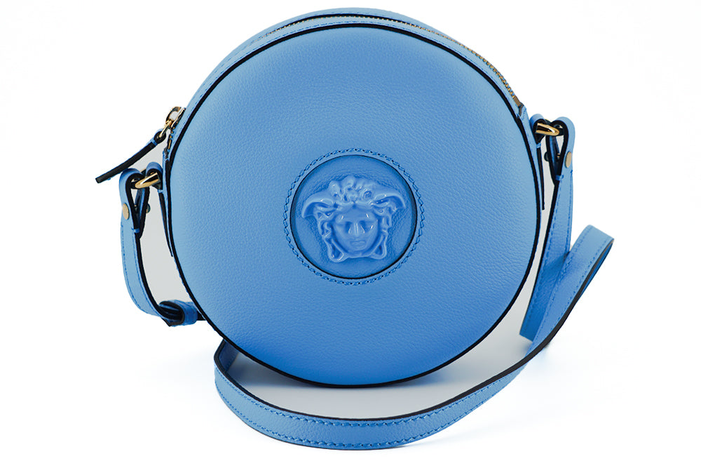 Sac à bandoulière Disco rond en cuir de veau bleu Versace