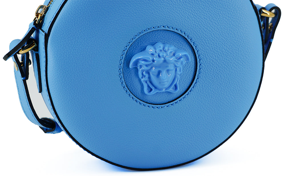 Sac à bandoulière Disco rond en cuir de veau bleu Versace