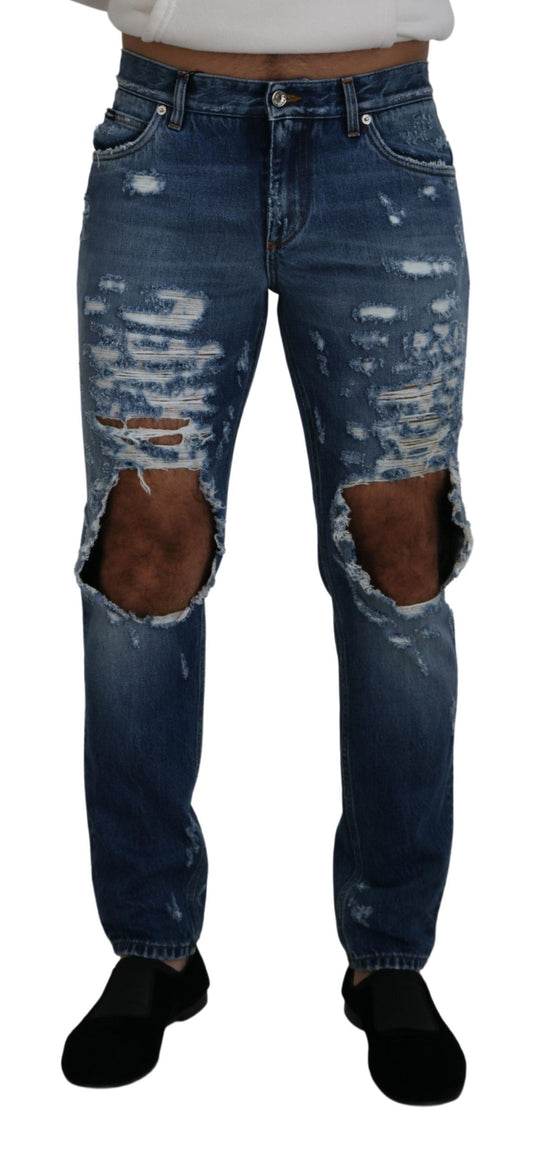 Dolce &amp; Gabbana Jean en denim en lambeaux de coton bleu pour hommes