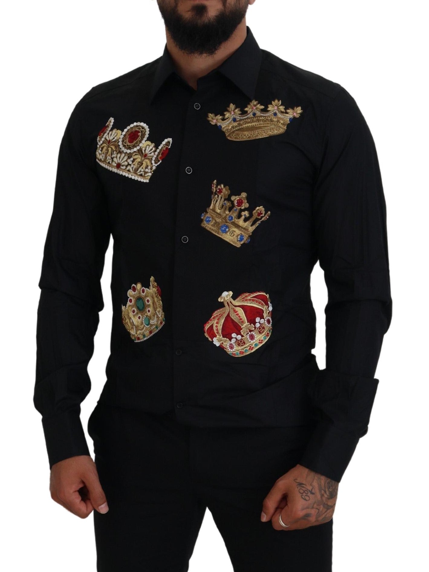 Dolce &amp; Gabbana – Schwarzgoldenes, formelles Hemd mit Krone in schmaler Passform