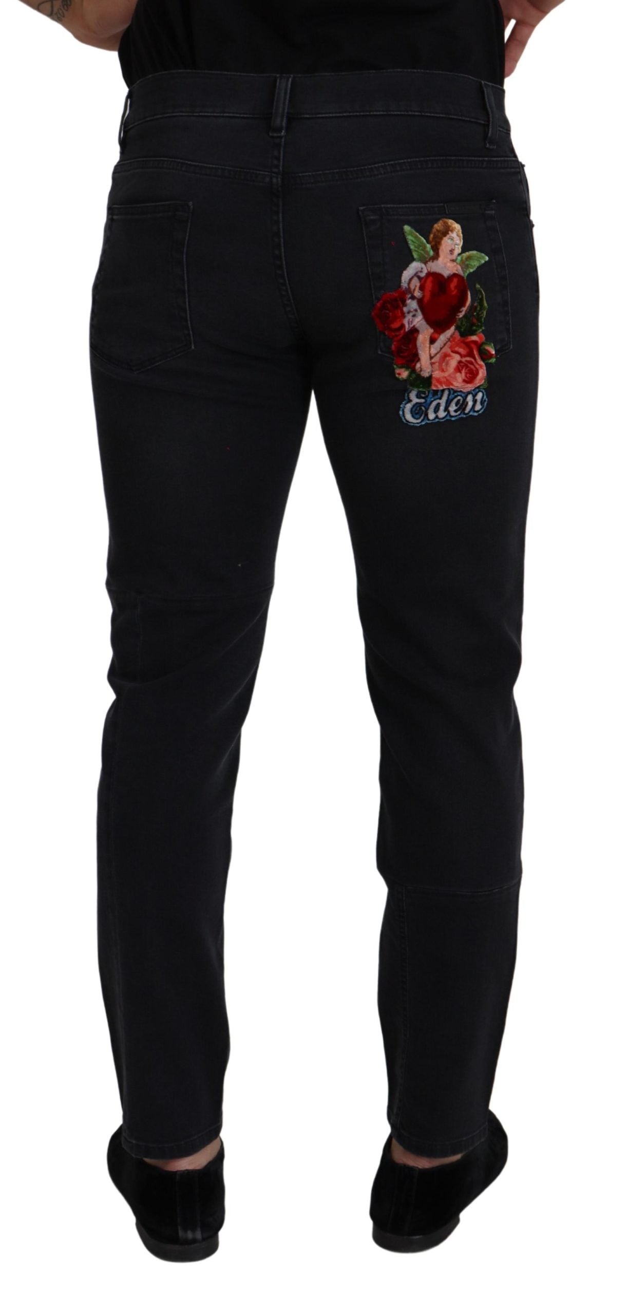 Dolce &amp; Gabbana Jean en denim brodé avec patch en coton noir