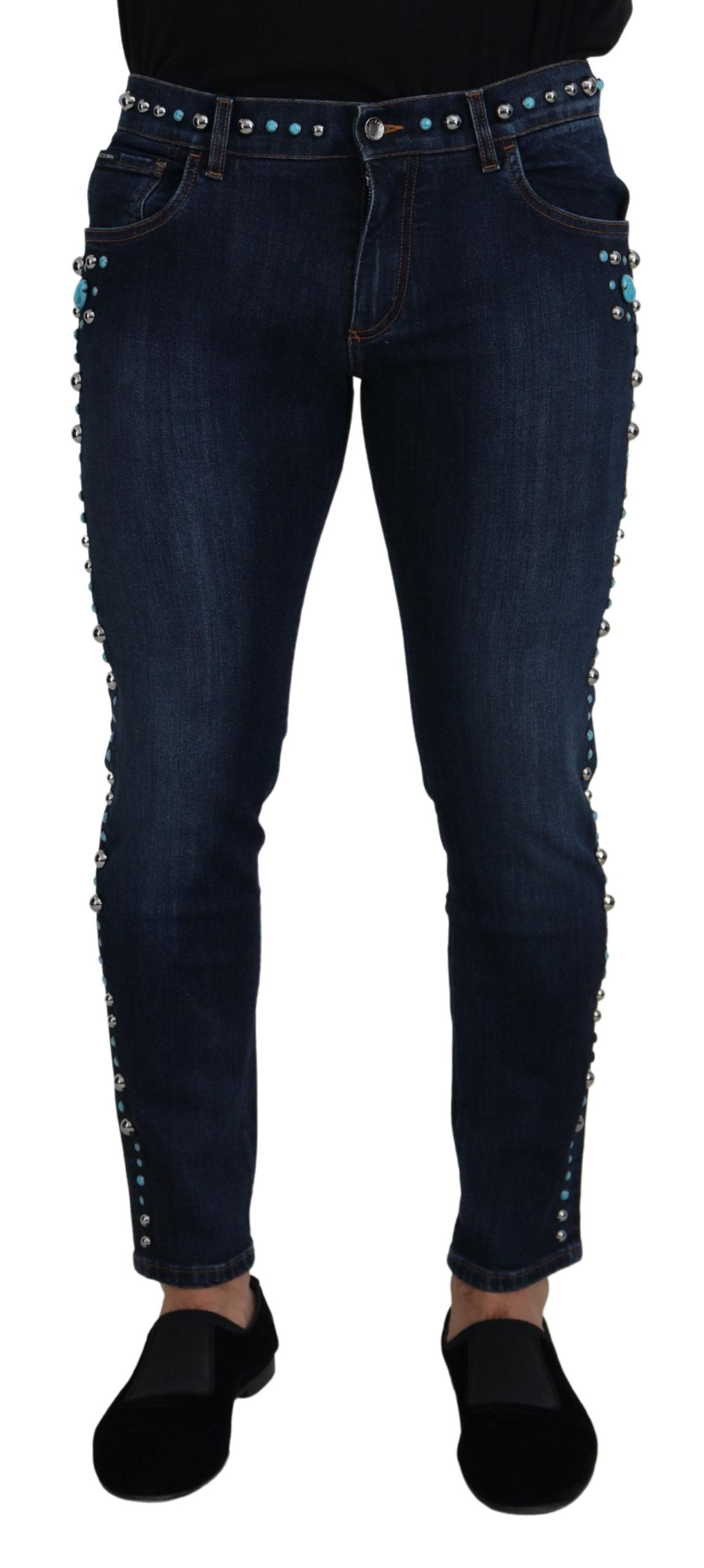 Dolce &amp; Gabbana Jean en denim taille basse clouté en coton bleu