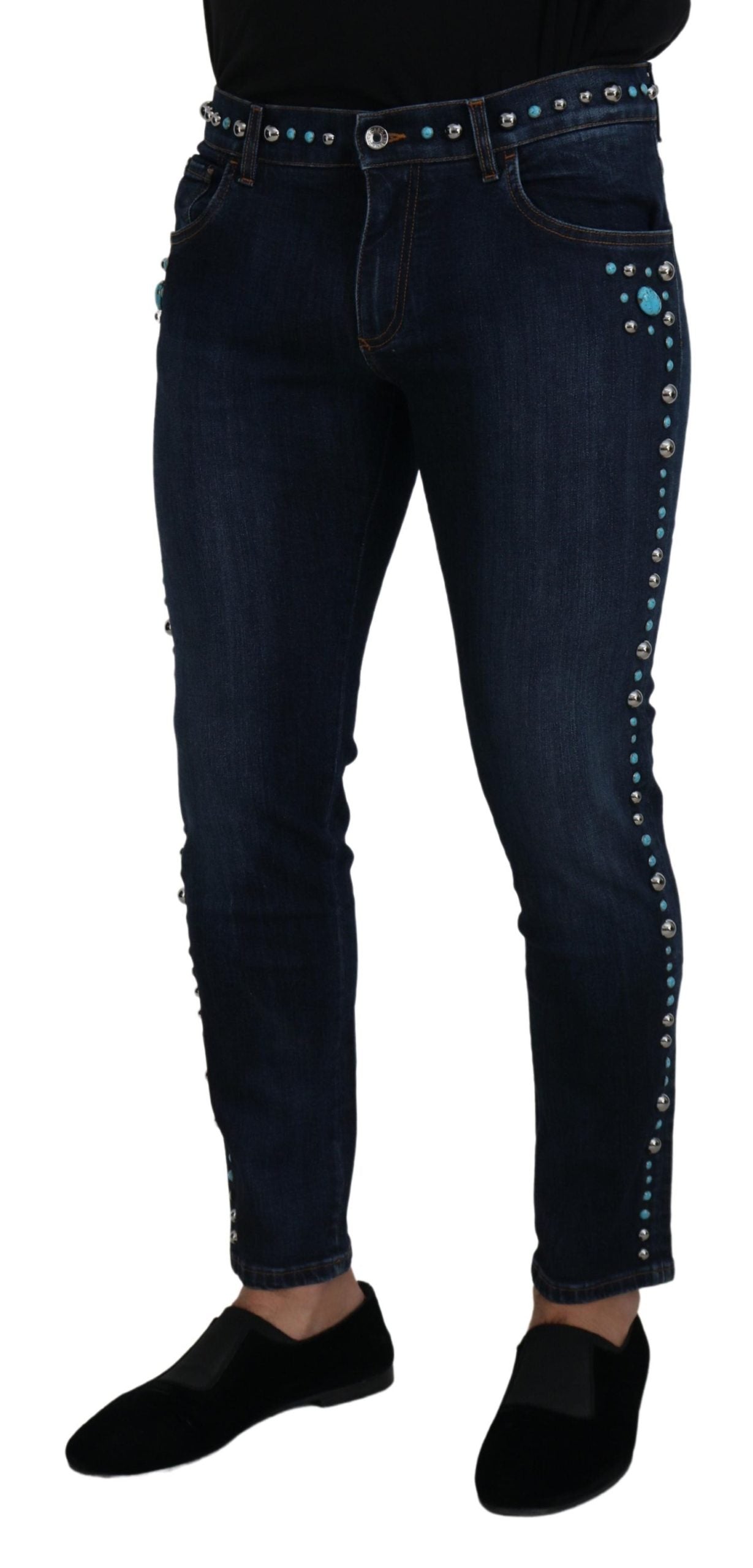 Dolce &amp; Gabbana Jean en denim taille basse clouté en coton bleu