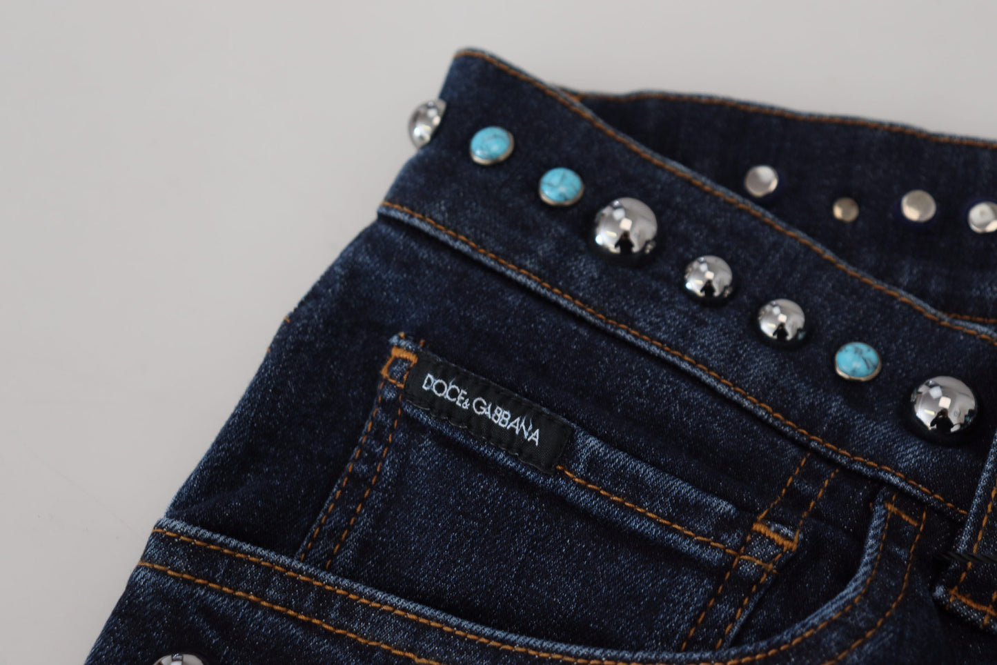 Dolce &amp; Gabbana Jean en denim taille basse clouté en coton bleu