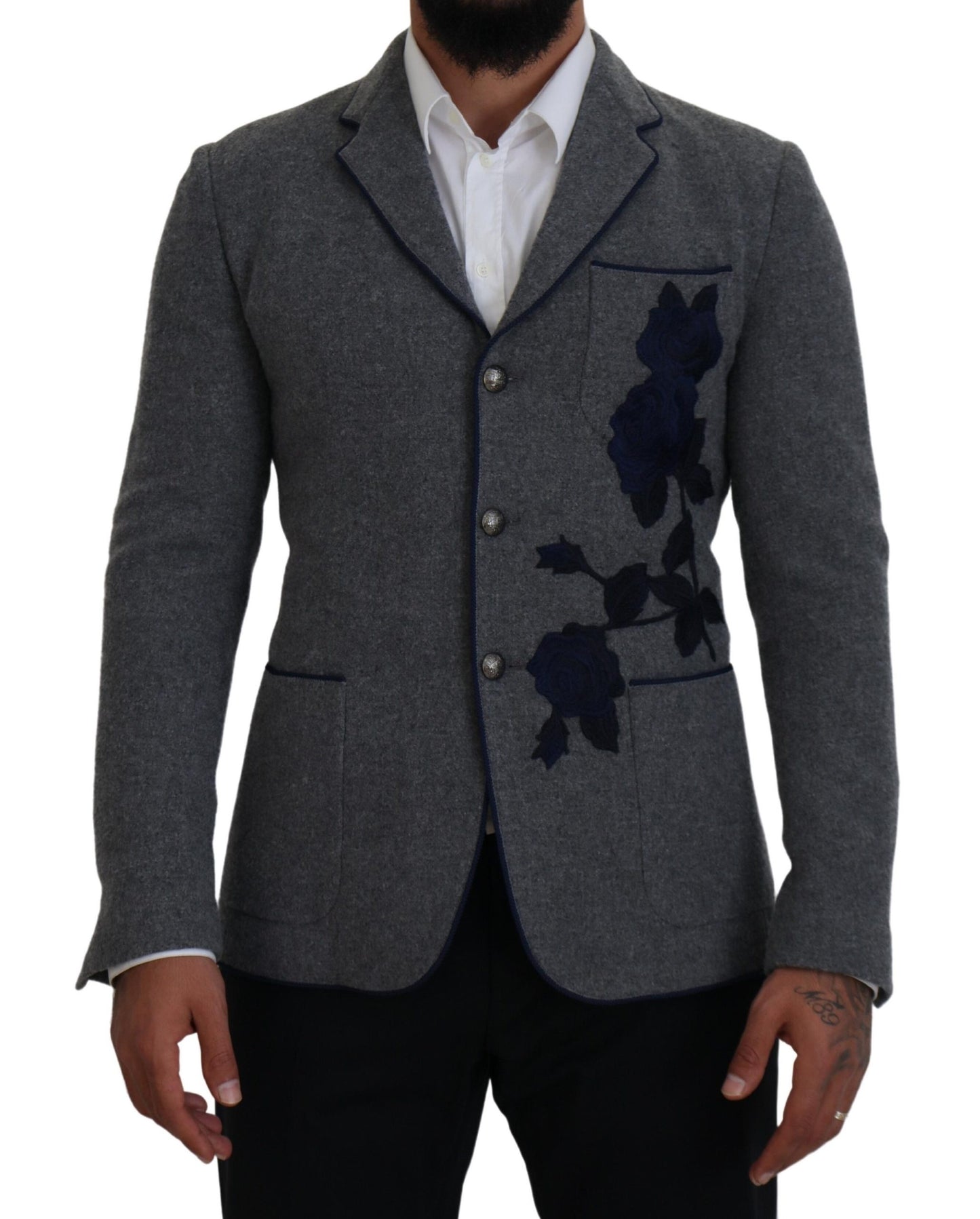 Dolce &amp; Gabbana Grauer Wollrosen-Slim-Fit-Jackenblazer