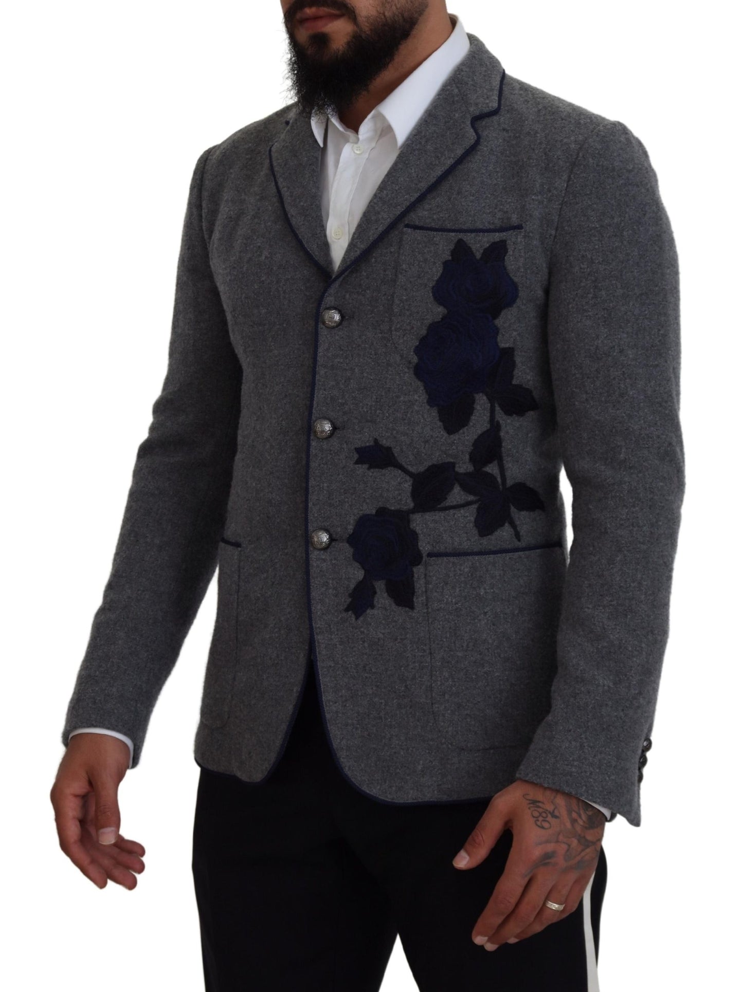 Dolce &amp; Gabbana Grauer Wollrosen-Slim-Fit-Jackenblazer