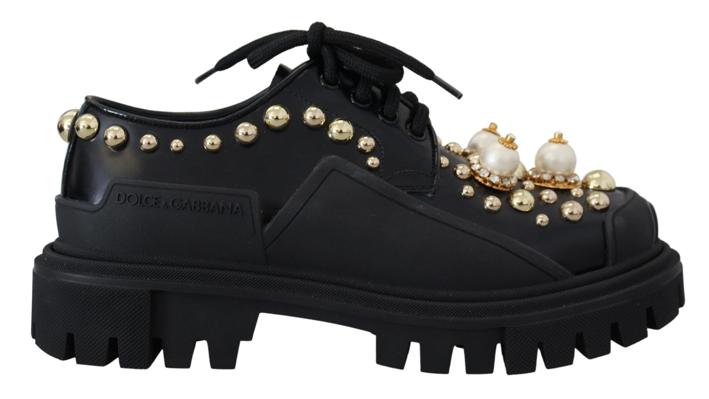 Dolce &amp; Gabbana Schwarze Leder-Trekking-Derby-Schuhe mit Verzierung