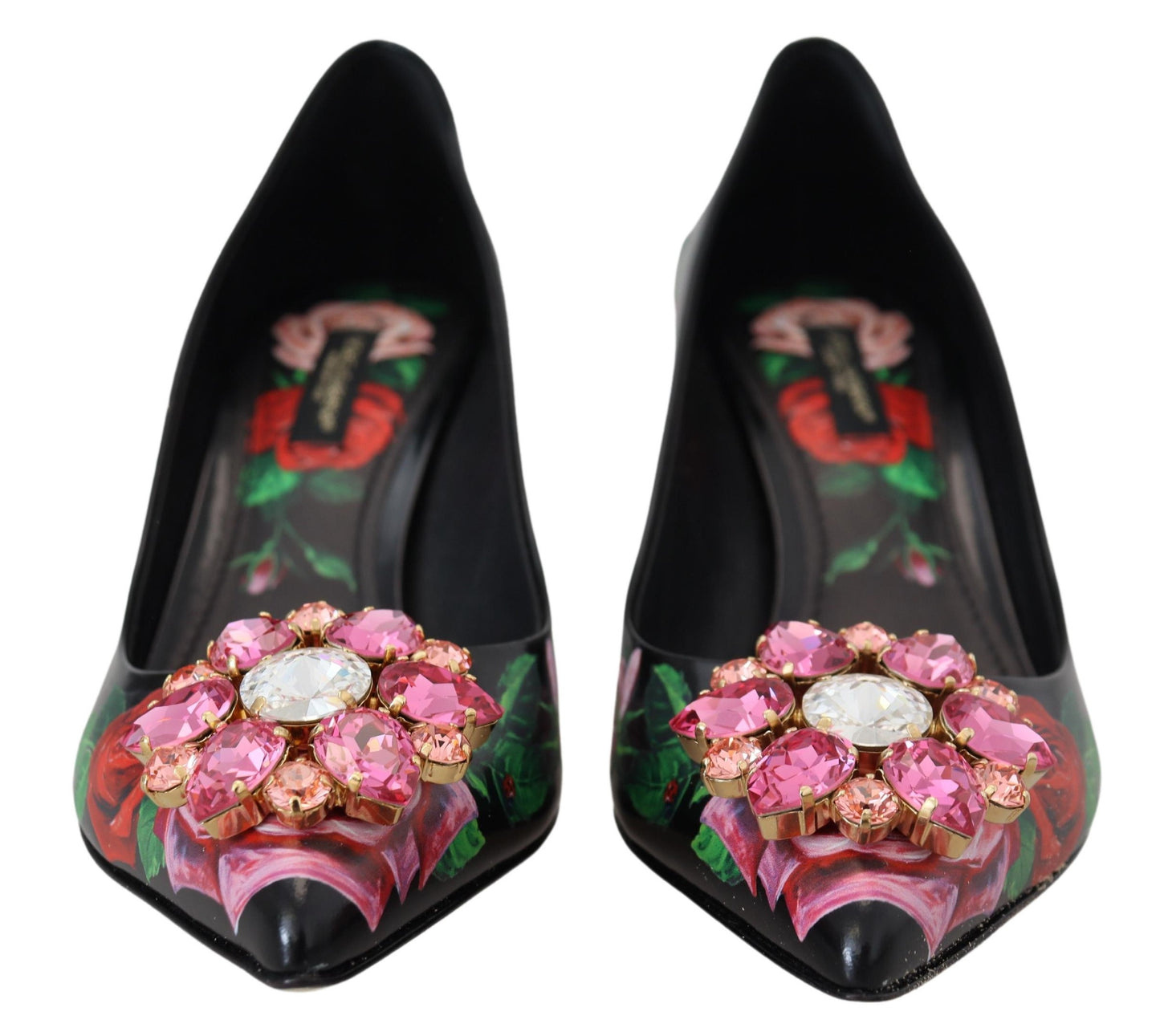 Dolce &amp; Gabbana Schwarze Pumps mit Blumendruck und Kristallabsatz