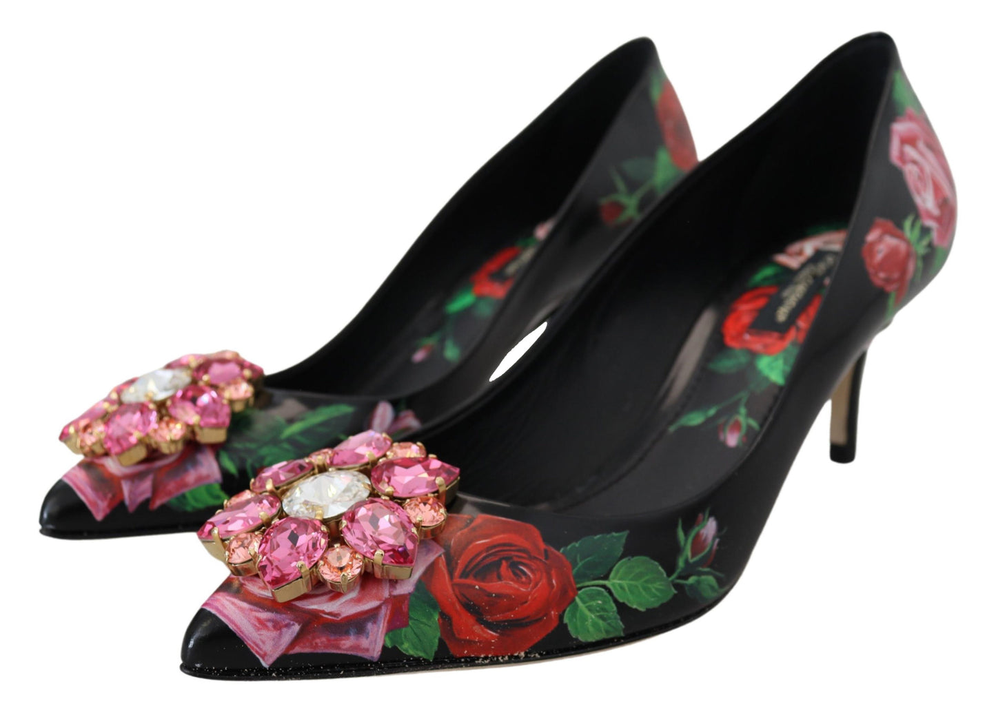 Dolce &amp; Gabbana Schwarze Pumps mit Blumendruck und Kristallabsatz