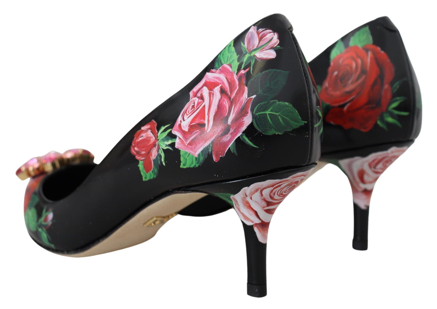 Dolce &amp; Gabbana Schwarze Pumps mit Blumendruck und Kristallabsatz