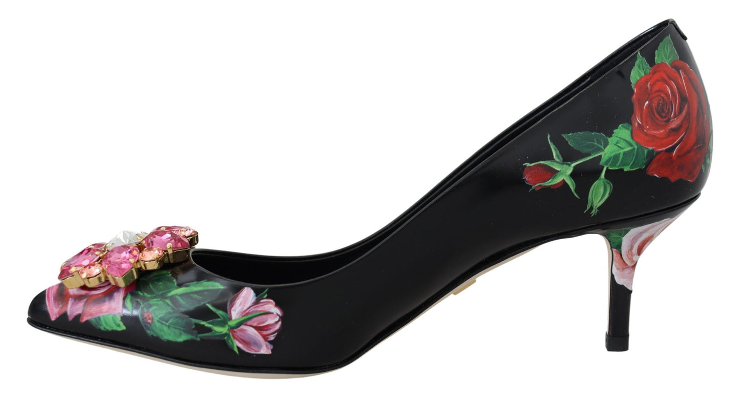 Dolce &amp; Gabbana Schwarze Pumps mit Blumendruck und Kristallabsatz