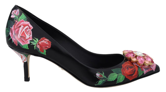 Dolce &amp; Gabbana Schwarze Pumps mit Blumendruck und Kristallabsatz