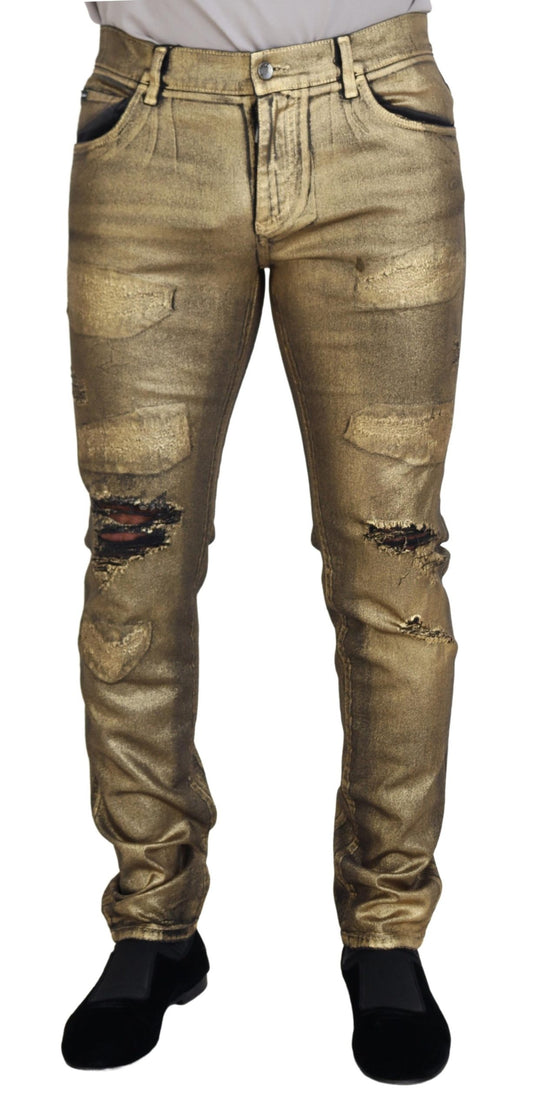 Dolce &amp; Gabbana Jean skinny en lambeaux de coton doré pour hommes