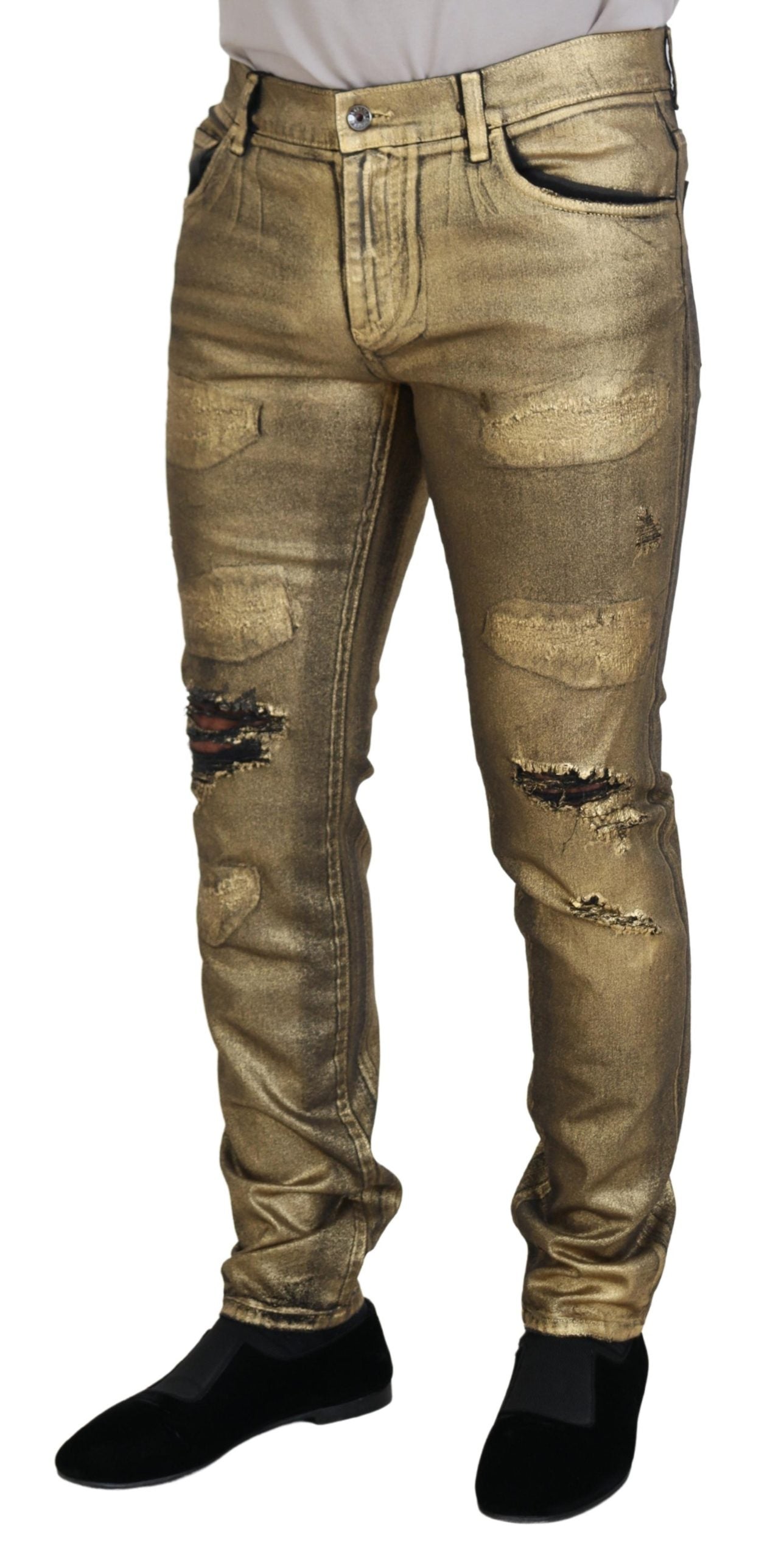 Dolce &amp; Gabbana Gold Cotton Tattered Skinny Jeans für Herren