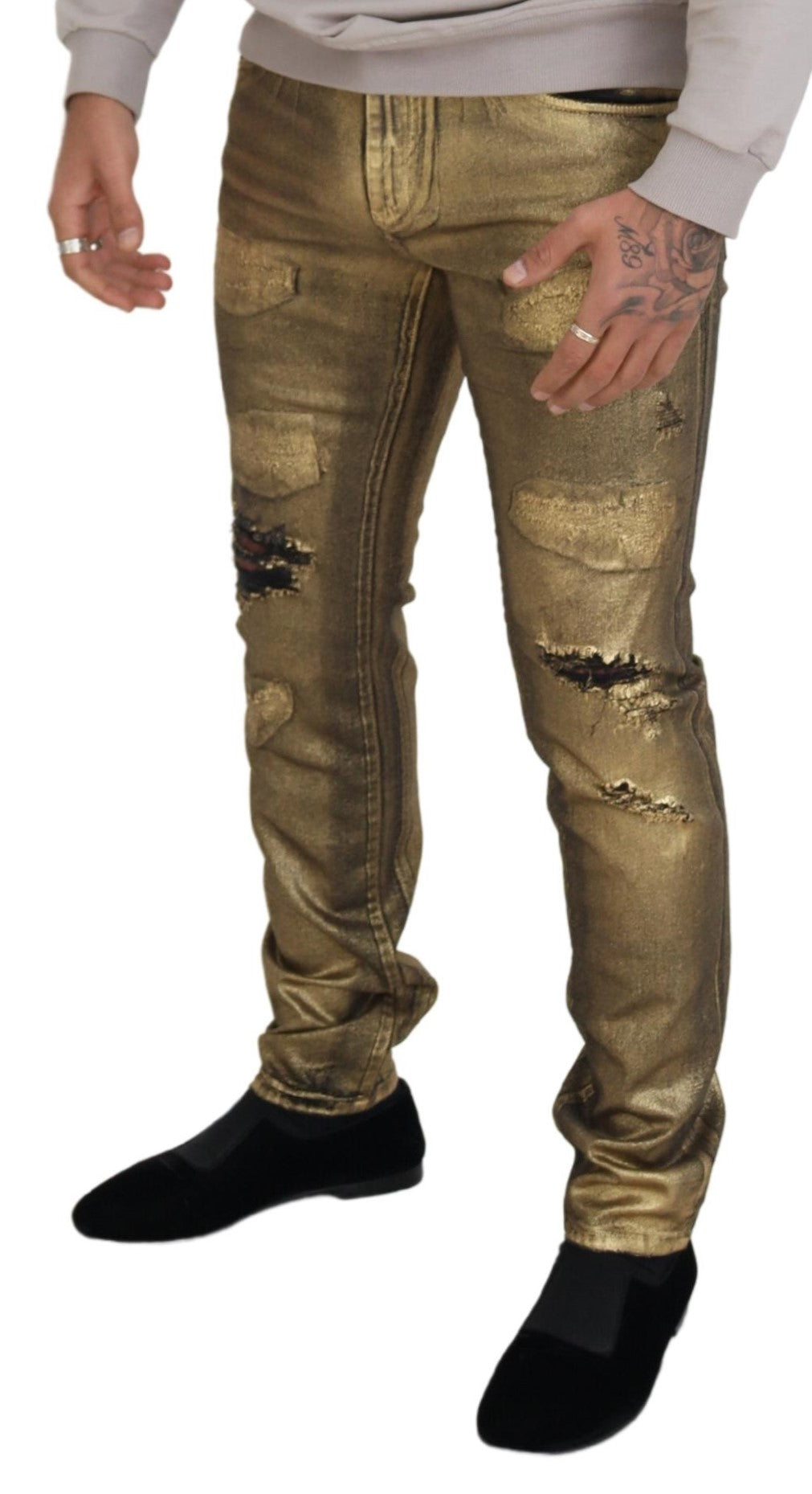 Dolce &amp; Gabbana Jean skinny en lambeaux de coton doré pour hommes