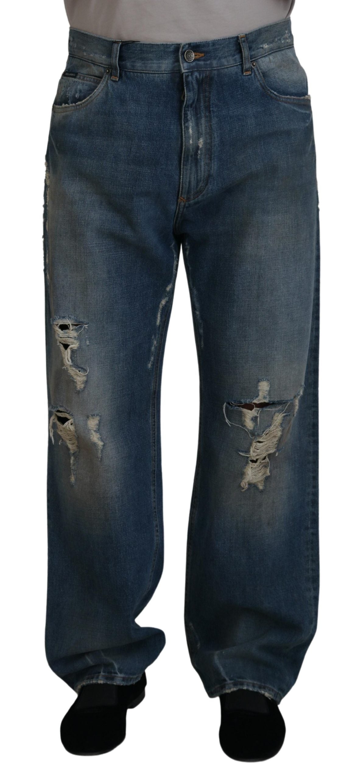 Dolce &amp; Gabbana Jean en denim coupe droite en lambeaux de coton bleu