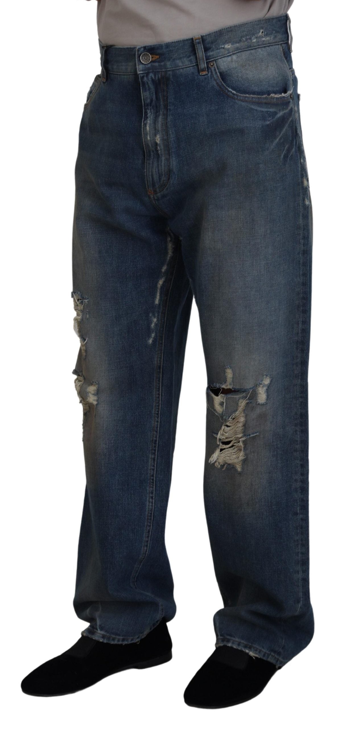 Dolce &amp; Gabbana Jean en denim coupe droite en lambeaux de coton bleu