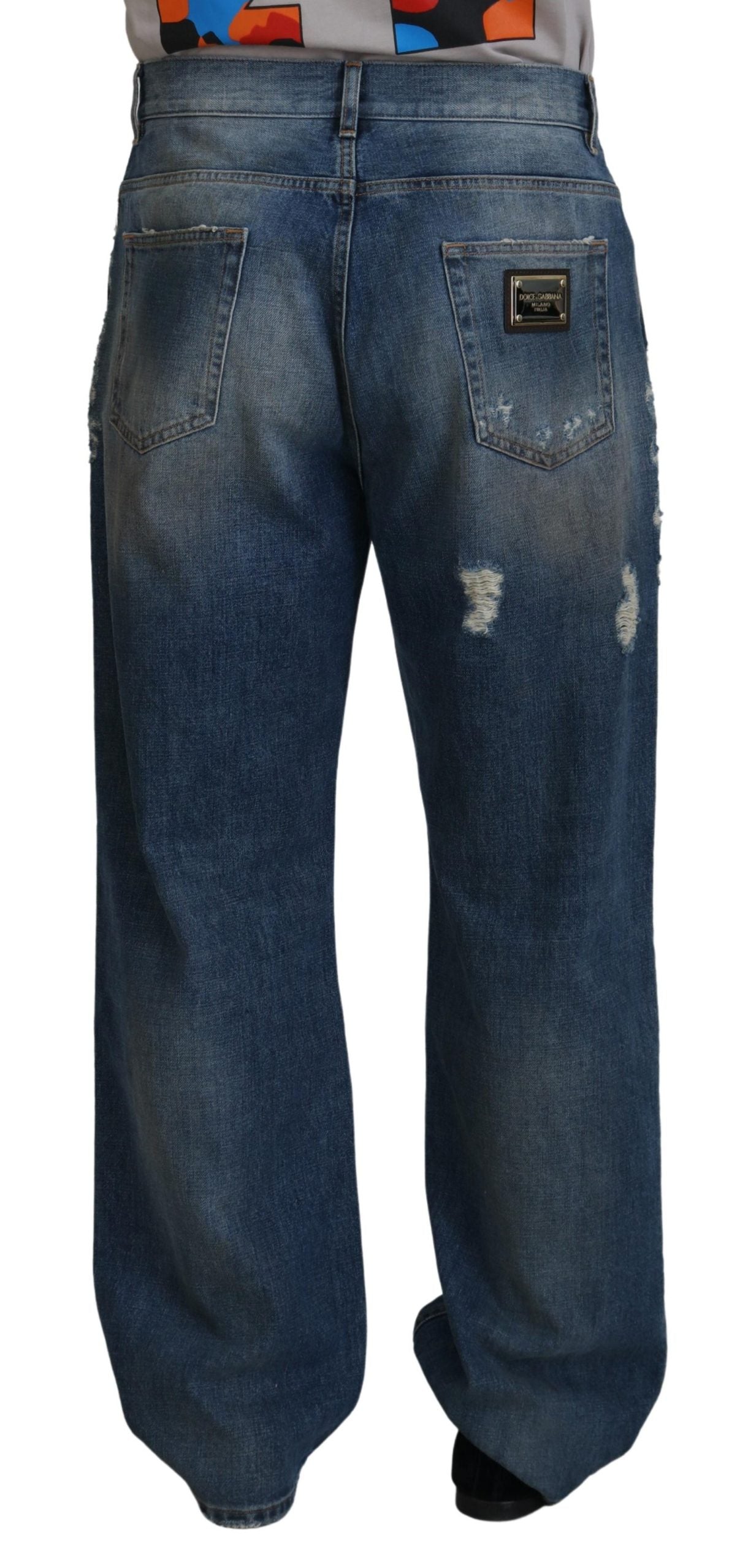 Dolce &amp; Gabbana Jean en denim coupe droite en lambeaux de coton bleu