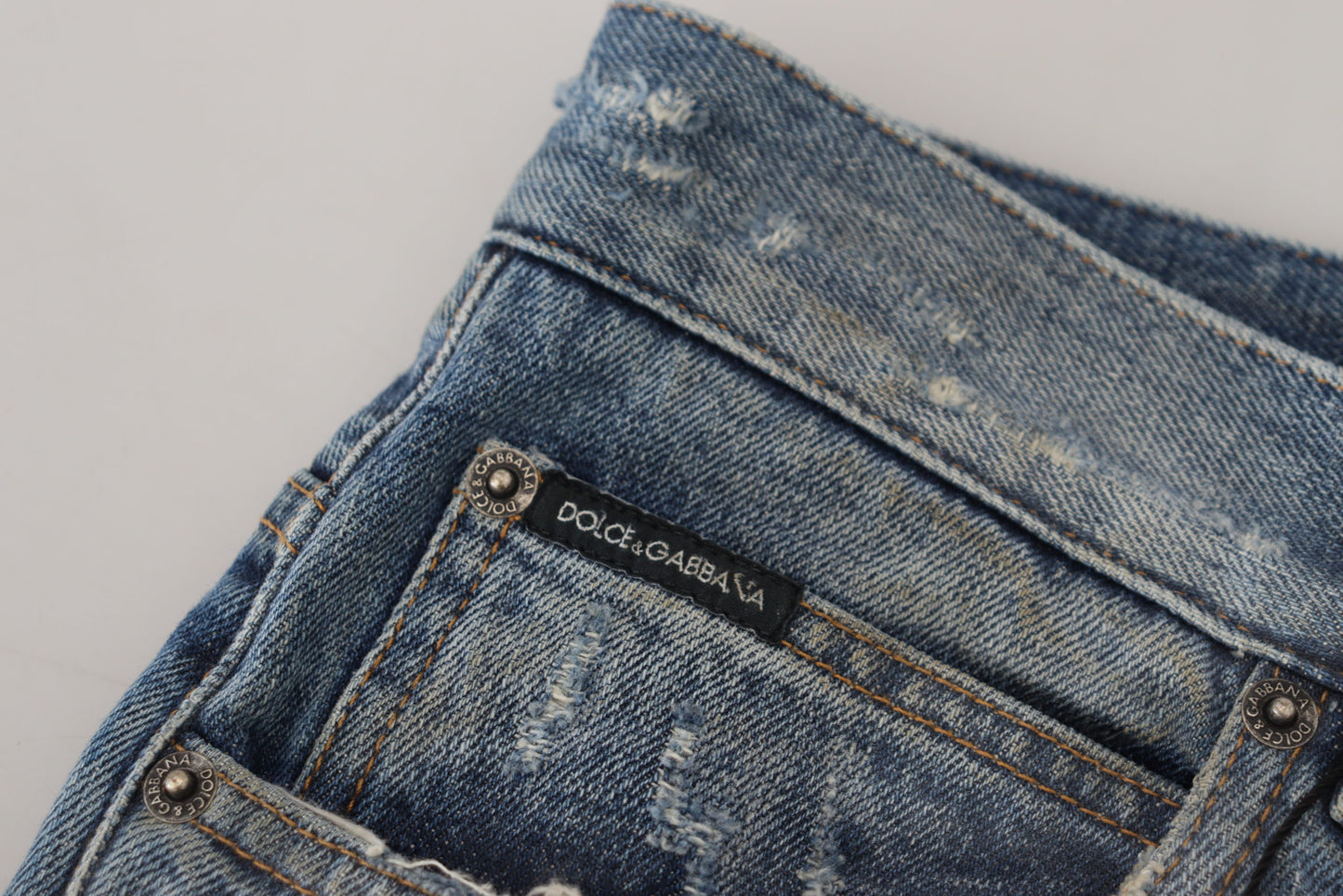 Dolce &amp; Gabbana Jean en denim coupe droite en lambeaux de coton bleu