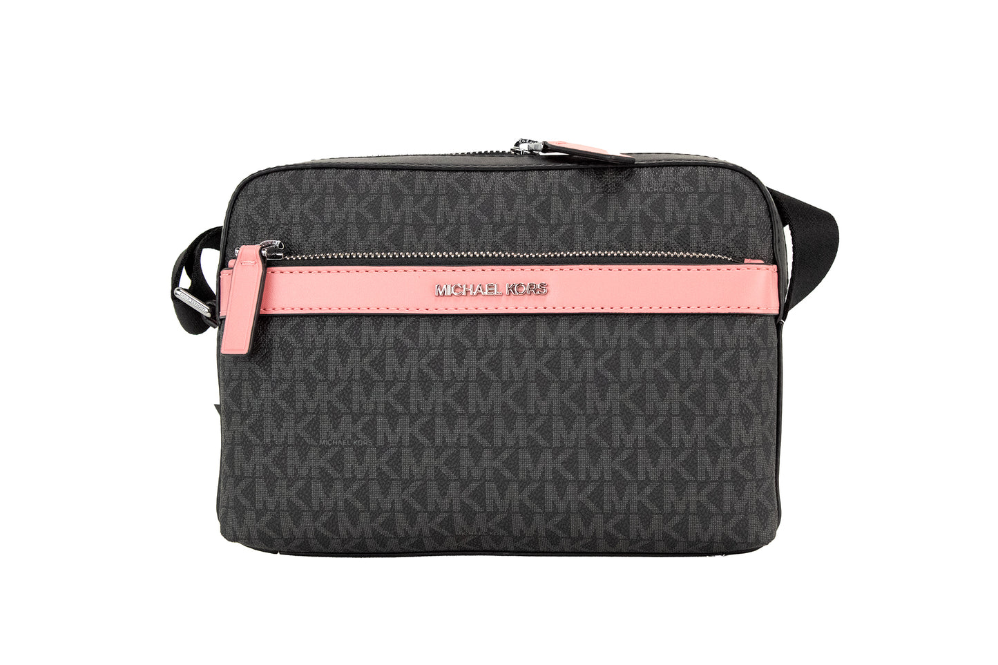 Michael Kors Cooper Kleine Utility-Umhängetasche aus charakteristischem PVC in Schwarz und Rosa