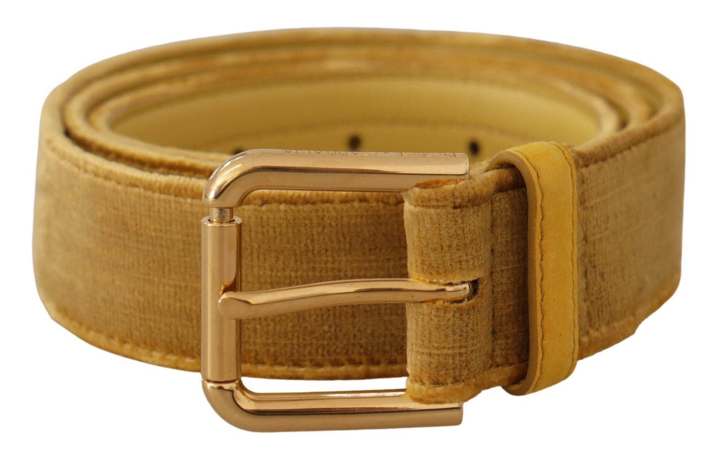 Dolce &amp; Gabbana Ceinture à boucle gravée en velours jaune avec logo en métal doré