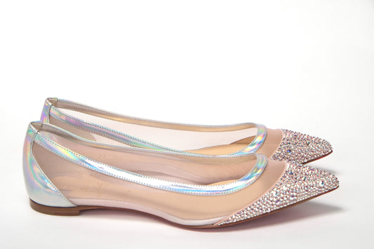 Christian Louboutin Silver Rose Chaussure à bout plat avec cristaux