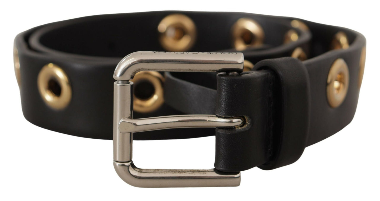 Dolce &amp; Gabbana Ceinture à boucle en métal argenté avec œillets en cuir noir