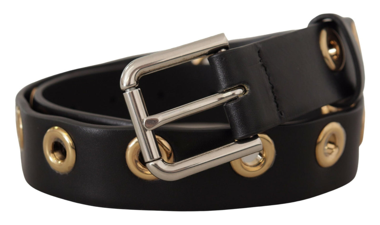 Dolce &amp; Gabbana Ceinture à boucle en métal argenté avec œillets en cuir noir