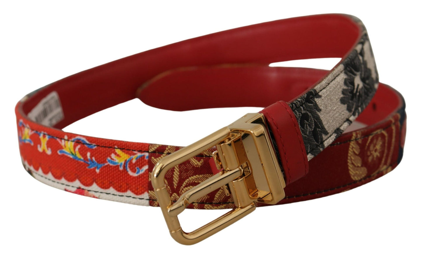 Dolce &amp; Gabbana Ceinture à boucle en métal doré patchwork majolique multicolore