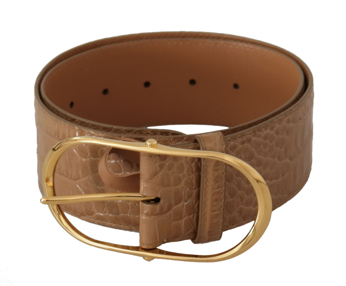 Dolce &amp; Gabbana Ceinture à boucle ovale en cuir beige marron en métal doré