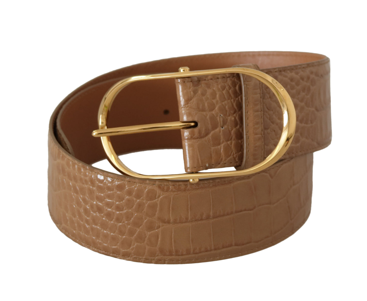 Dolce &amp; Gabbana Ceinture à boucle ovale en cuir beige marron en métal doré